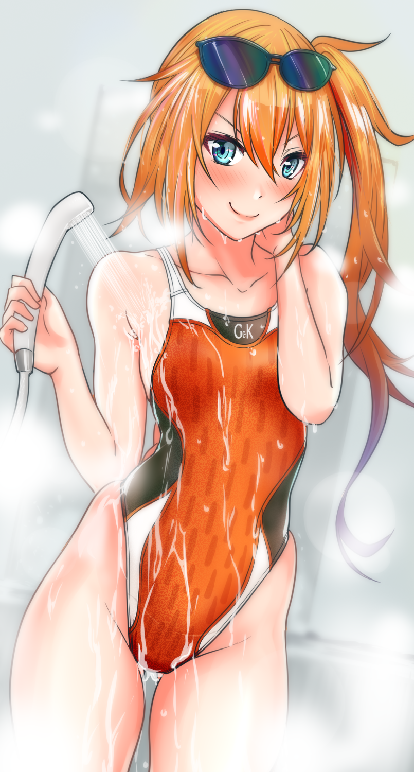 1girl aiuchi blue_eyes commentary_request competition_swimsuit cowboy_shot eyewear_on_head flat_chest girls_frontline highleg highleg_swimsuit highres kalina_(girls_frontline) long_hair looking_at_viewer one-piece_swimsuit orange_hair orange_swimsuit shower_head showering side_ponytail smile solo steam sunglasses swimsuit