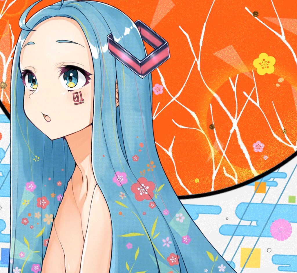 1girl ahoge alternate_hairstyle cherry_blossoms commentary egasumi facial_tattoo floral_print flower forehead from_side hair_ornament hatsune_miku koba_cha leaf long_hair looking_away nude open_mouth solo straight_hair tattoo tree_branch upper_body very_long_hair vocaloid