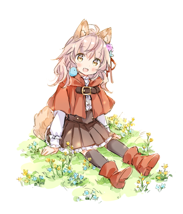 1girl :d ahoge animal_ear_fluff animal_ears animal_on_shoulder bangs bird bird_on_shoulder black_legwear black_skirt blue_flower bluebird blush boots brown_eyes capelet center_frills commentary_request eyebrows_visible_through_hair flower frilled_skirt frilled_sleeves frills full_body grass hair_between_eyes hair_flower hair_ornament hair_ribbon hood hood_down hooded_capelet long_hair long_sleeves on_grass open_mouth original pink_flower pink_hair pleated_skirt red_capelet red_footwear red_ribbon ribbon shirt sitting skirt sleeves_past_wrists smile solo tail thigh-highs thighhighs_under_boots wataame27 white_background white_shirt wolf-chan_(wataame27) wolf_ears wolf_girl wolf_tail yellow_flower