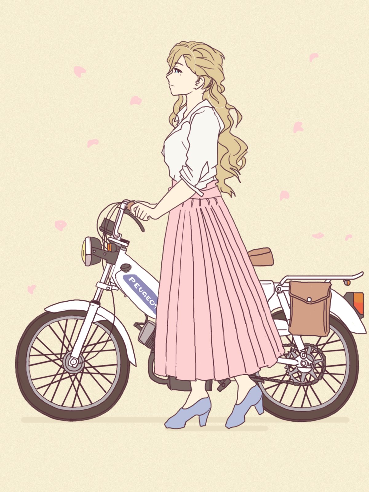 1girl bangs bicycle blonde_hair blue_eyes blue_footwear breasts from_side ground_vehicle high_heels highres kantai_collection long_hair long_skirt mole mole_under_eye mole_under_mouth motor_vehicle motorcycle petals pink_skirt profile richelieu_(kantai_collection) shadow shirt simple_background skirt smile solo standing thrux white_shirt yellow_background