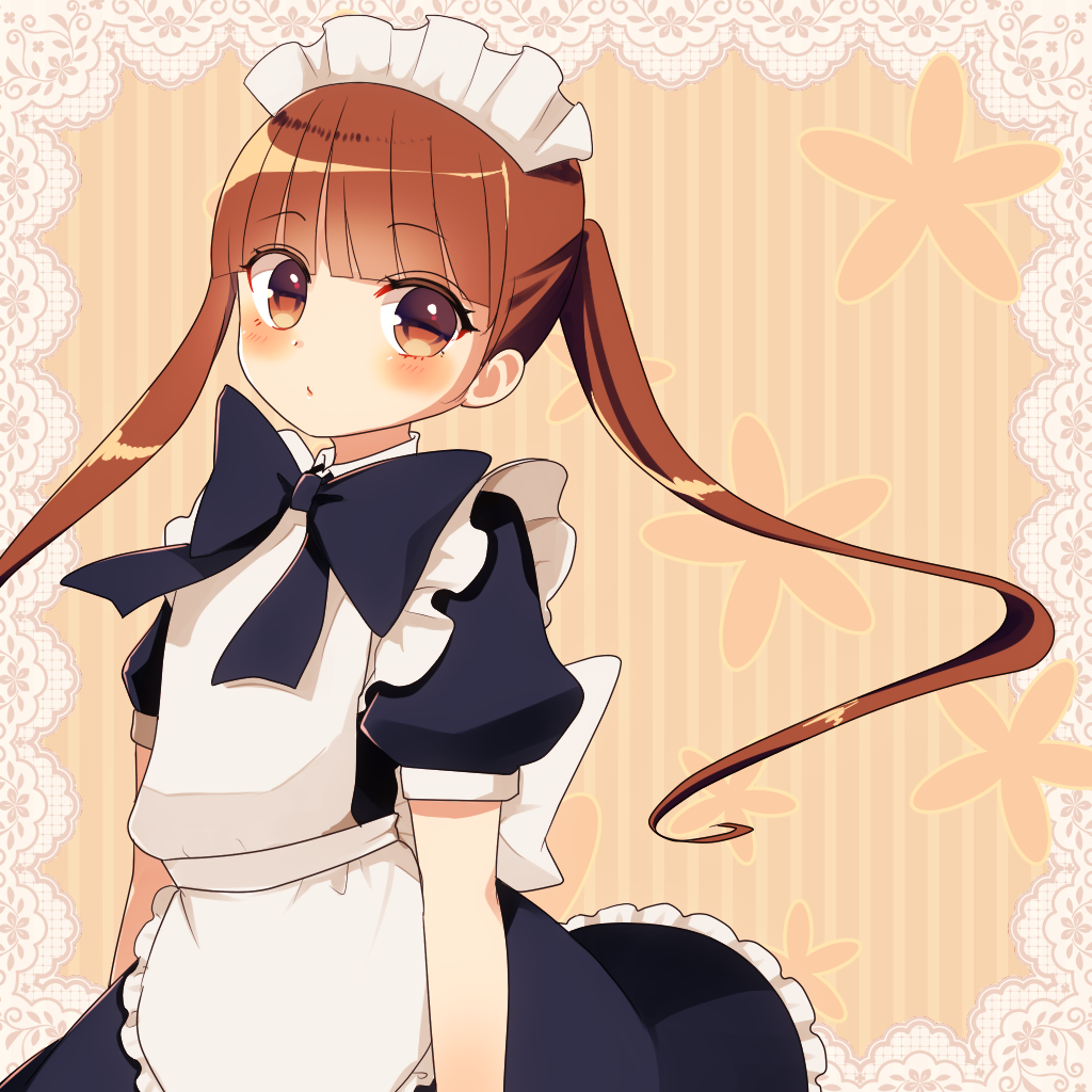 1girl apron back_bow bangs black_dress black_neckwear blunt_bangs blush bow bowtie brown_eyes brown_hair commentary dress long_hair looking_at_viewer maid maid_headdress mikeseneko original puffy_short_sleeves puffy_sleeves short_sleeves solo striped striped_background twintails upper_body vertical-striped_background vertical_stripes white_bow