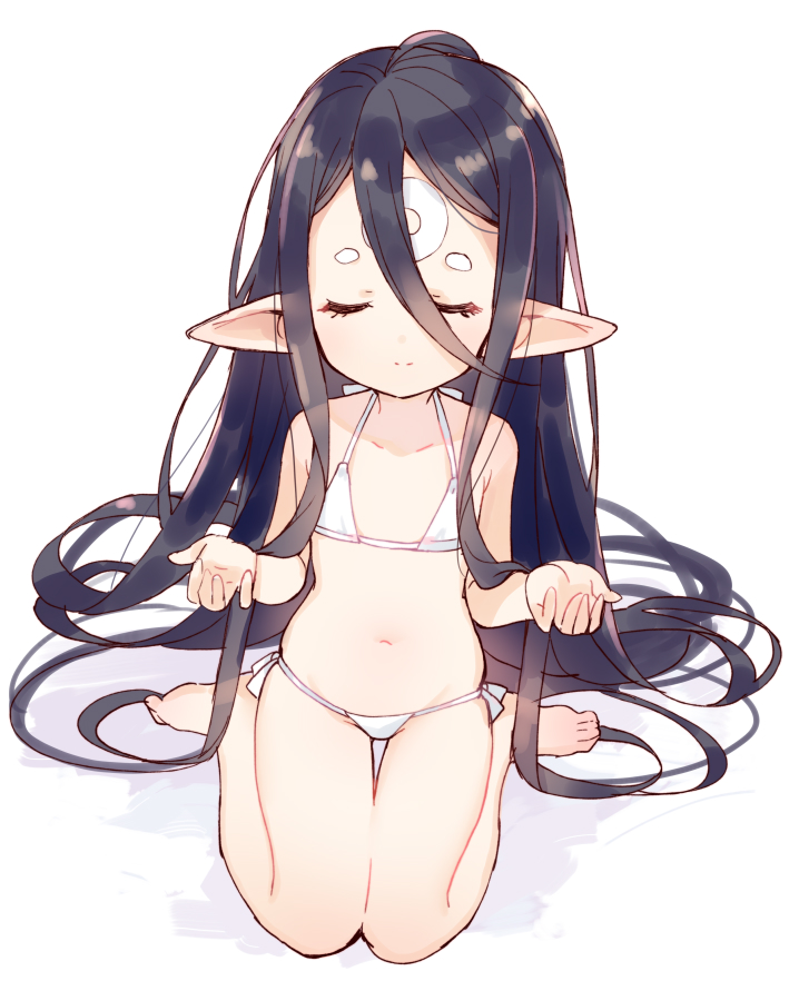 1girl bangs bare_arms bare_legs bare_shoulders barefoot bikini black_hair closed_eyes closed_mouth collarbone commentary_request facial_mark facing_viewer flat_chest forehead_mark full_body granblue_fantasy hair_between_eyes hands_up harvin long_hair meito_(maze) micro_bikini navel parted_bangs pointy_ears ponytail rei_(granblue_fantasy) side-tie_bikini sitting smile solo swimsuit very_long_hair wariza white_background white_bikini