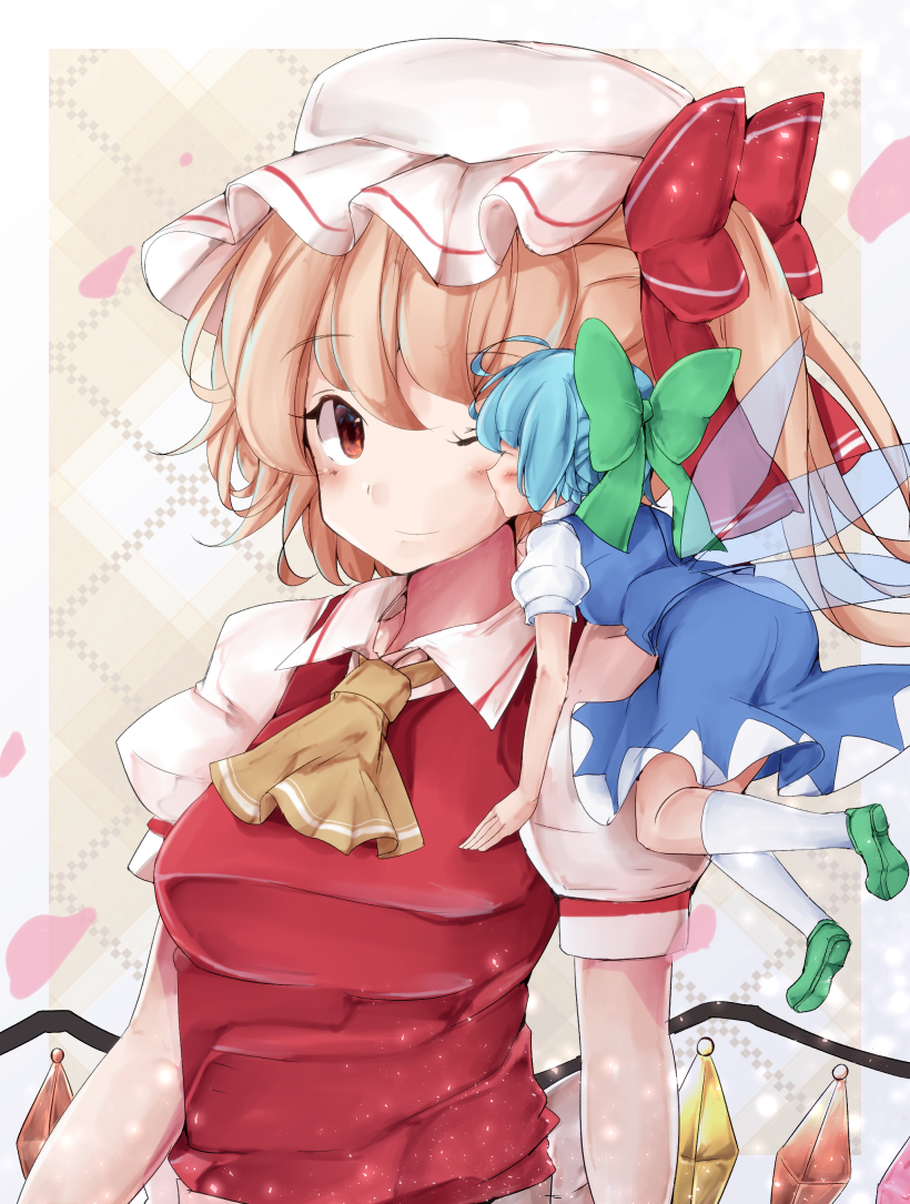 2girls ahoge blonde_hair blue_hair blue_skirt blue_vest blush bow breasts checkered checkered_background cheek_kiss cirno commentary_request cravat eyebrows_visible_through_hair flandre_scarlet flying folded_leg green_footwear hair_between_eyes hair_bow hat hat_ribbon jyaoh0731 kiss kneehighs light_particles light_smile looking_at_viewer medium_breasts minigirl mob_cap multiple_girls one_eye_closed one_side_up petals puffy_short_sleeves puffy_sleeves red_eyes red_vest ribbon shirt short_hair short_sleeves skirt standing touhou vest white_headwear white_legwear white_shirt wings yellow_neckwear