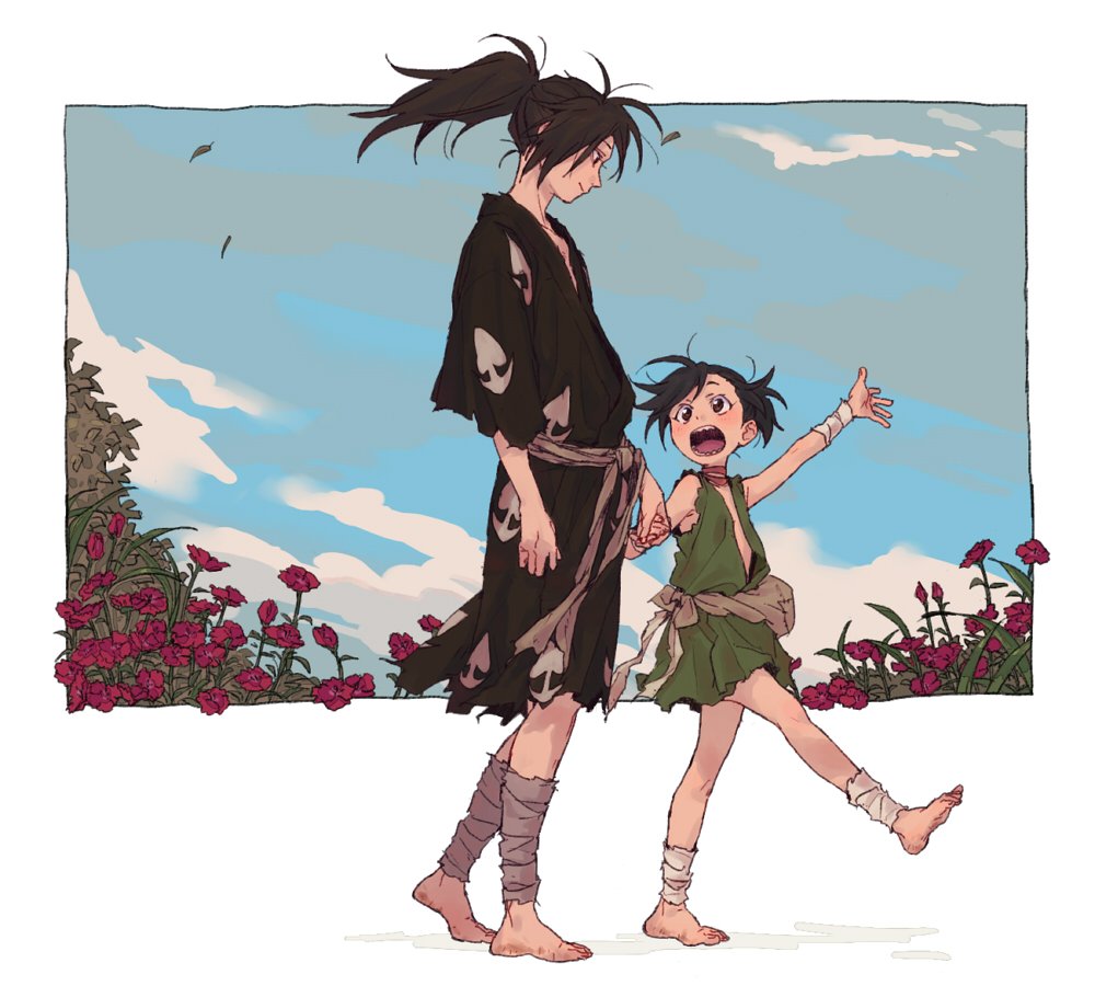 1boy 1girl arm_up bandaged_arm bandaged_leg bandages bandaid bandaid_on_face barefoot black_hair black_kimono blue_sky blush brown_eyes clouds cloudy_sky dororo_(character) dororo_(tezuka) edmhhhnh fingernails flower holding holding_hands hyakkimaru_(dororo) japanese_clothes kimono long_hair looking_at_another looking_down looking_up medium_hair ponytail sharp_teeth sky smile teeth tongue torn_clothes walking wind