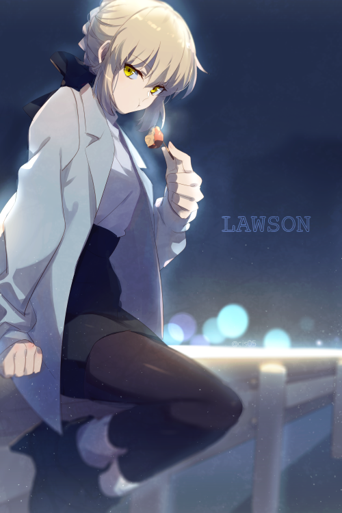 1girl alternate_costume artoria_pendragon_(all) black_bow blonde_hair bow braid cis05 commentary_request eating english_text eyebrows_visible_through_hair fate/grand_order fate/stay_night fate_(series) food food_in_mouth french_braid hair_between_eyes hair_bow holding holding_food jacket lawson looking_at_viewer open_clothes saber_alter short_hair sitting solo takoyaki toothpick twitter_username yellow_eyes