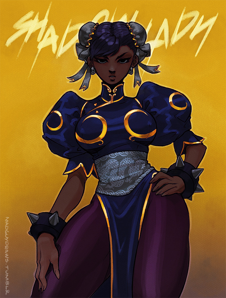 1girl black_hair blue_dress bracelet breasts bun_cover character_name china_dress chinese_clothes chun-li commentary contrapposto dark_persona double_bun dress earrings english_commentary eyeliner jewelry large_breasts looking_at_viewer madguymao makeup marvel_vs._capcom pantyhose pelvic_curtain puffy_short_sleeves puffy_sleeves purple_legwear sash shade short_hair short_sleeves skull_earrings solo spiked_bracelet spikes street_fighter thick_thighs thighs watermark web_address wide_hips