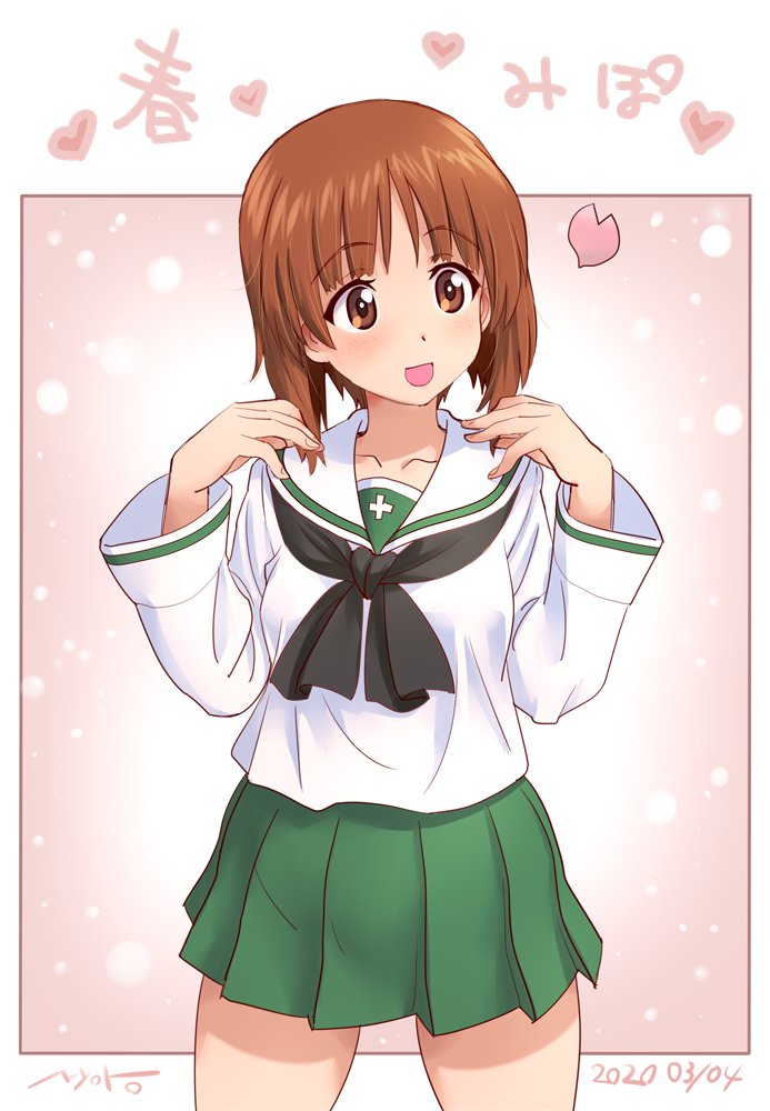 1girl black_neckwear brown_eyes brown_hair cherry_blossoms commentary_request cowboy_shot facing_viewer girls_und_panzer green_skirt looking_to_the_side neckerchief nishizumi_miho nyororiso_(muyaa) ooarai_school_uniform petals pleated_skirt sailor_collar school_uniform serafuku short_hair skirt solo white_sailor_collar