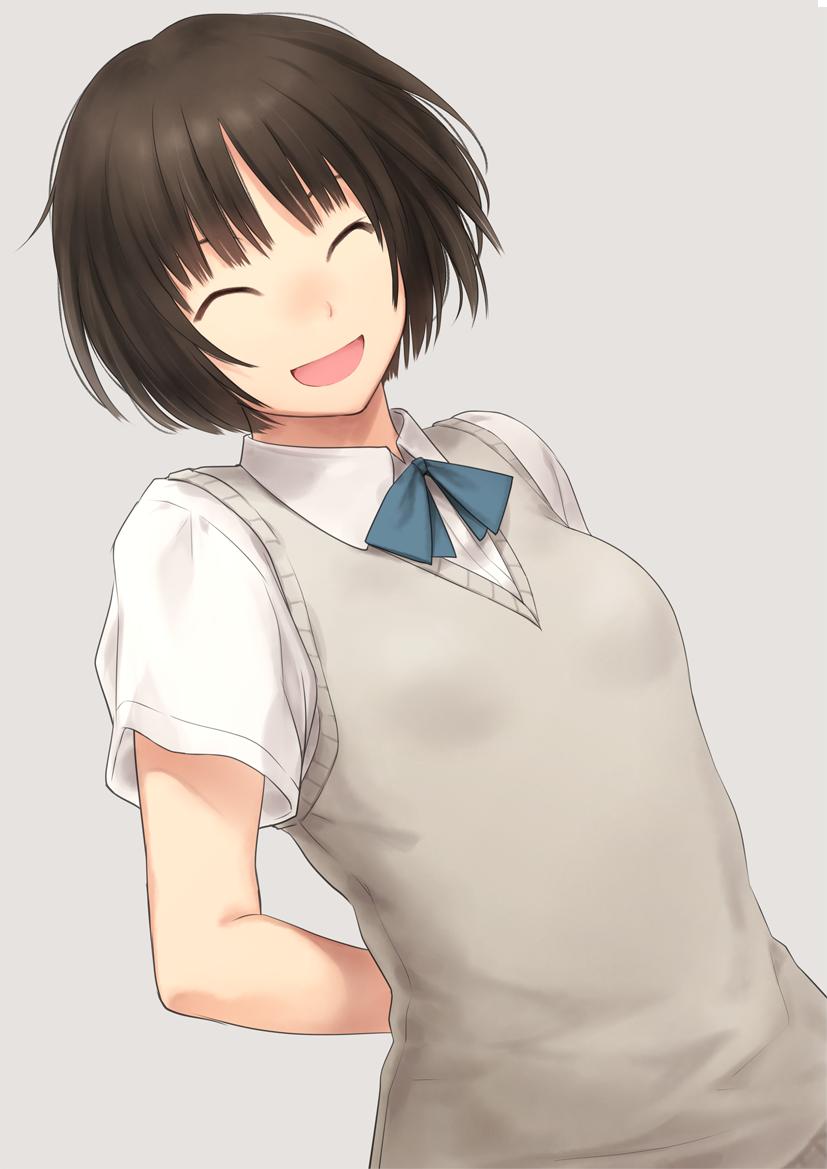 1girl :d amagami aqua_neckwear arms_behind_back bangs blunt_bangs bob_cut bow bowtie brown_hair closed_eyes commentary dress_shirt dutch_angle grey_background hair_strand messy_hair nozomi-y open_mouth shirt short_hair short_sleeves simple_background smile sweater_vest tachibana_miya upper_body white_shirt