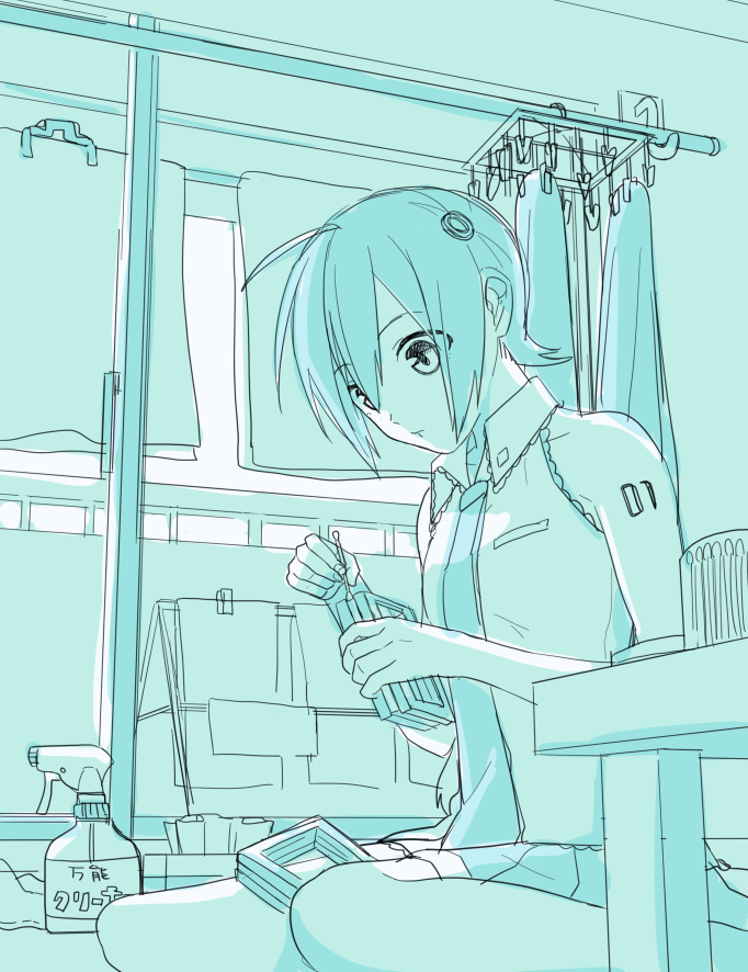1girl ahoge apartment bare_shoulders bottle cleaning clothes_hanger commentary detached_hair hair_ornament hair_ornament_removed hatsune_miku indoors looking_down miniskirt monochrome necktie nokuhashi seiza shirt short_hair shoulder_tattoo sitting sketch skirt sleeveless sleeveless_shirt solo spray_bottle table tattoo twintails vocaloid window