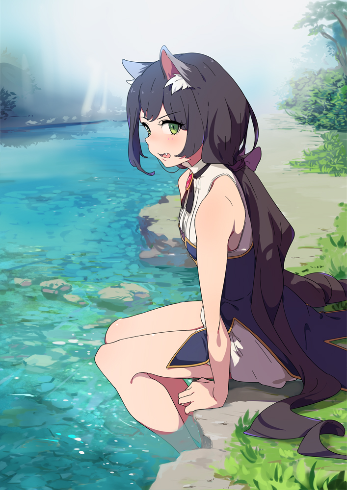 1girl animal_ear_fluff animal_ears arm_support bangs bare_arms bare_shoulders black_hair blush bow cat_ears commentary_request day eyebrows_visible_through_hair fang green_eyes hair_bow kyaru_(princess_connect) long_hair low_twintails open_mouth outdoors princess_connect! princess_connect!_re:dive purple_bow shirt sitting sleeveless sleeveless_shirt soaking_feet sohin solo twintails very_long_hair water white_shirt