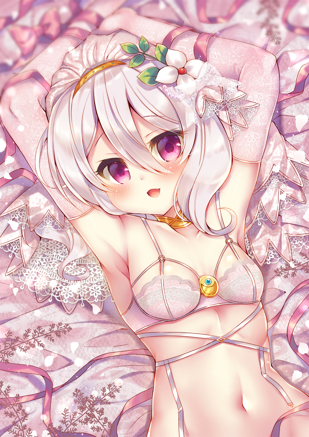 1girl :d armpits arms_up bangs bare_shoulders blurry blurry_background blush bow bra collarbone commentary_request depth_of_field elbow_gloves eyebrows_visible_through_hair flower gloves grey_gloves hair_between_eyes hair_flower hair_ornament highres kokkoro_(princess_connect!) lying navel on_back open_mouth princess_connect! princess_connect!_re:dive red_bow red_ribbon ribbon see-through sidelocks silver_hair smile solo suzunone_rena underwear underwear_only upper_body violet_eyes white_bra white_flower