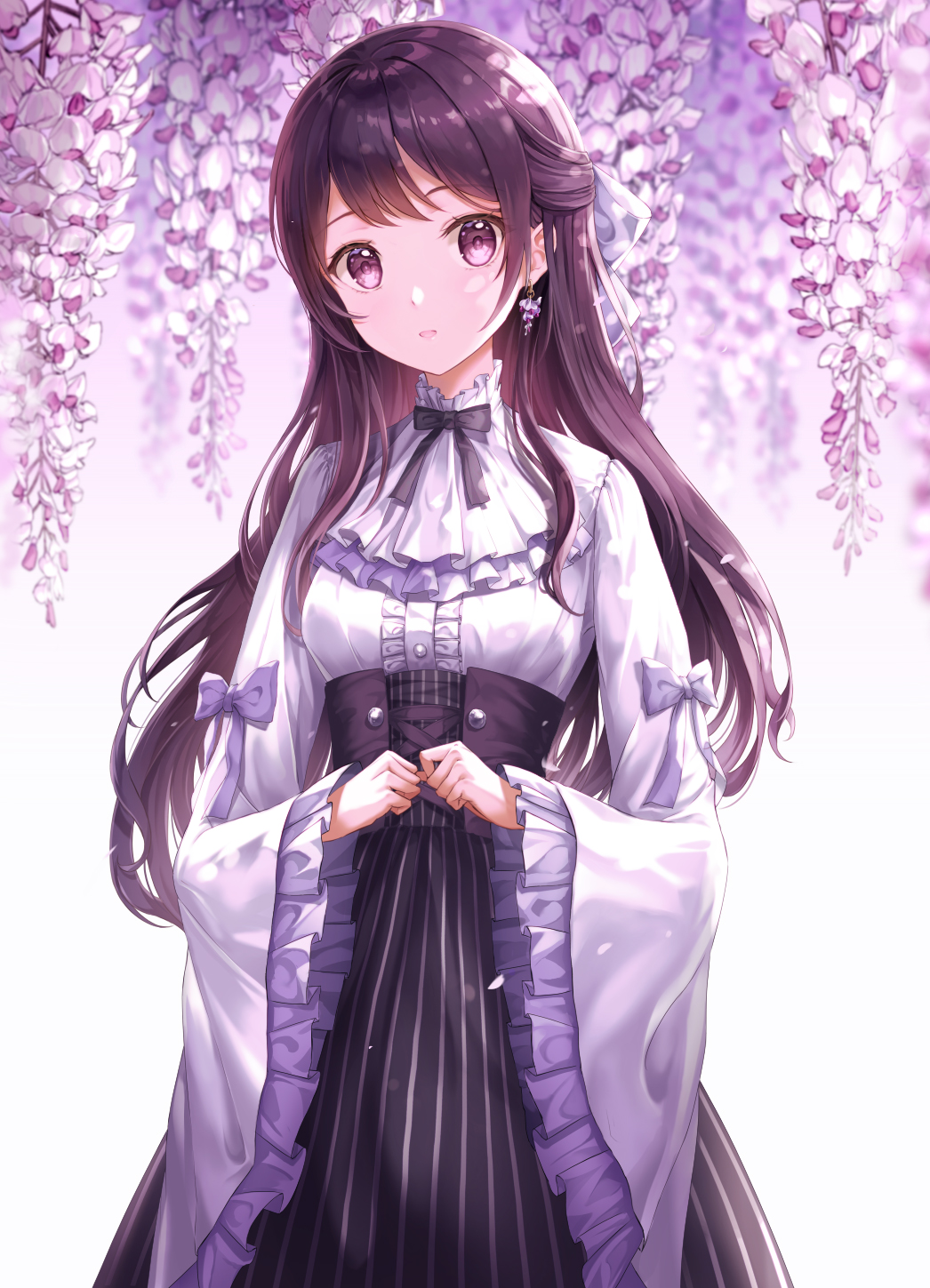 1girl black_skirt bow breasts brown_hair center_frills commentary_request earrings flower flower_earrings frills high-waist_skirt highres jewelry long_hair long_sleeves lunacle medium_breasts original parted_lips purple_bow purple_flower shirt skirt solo striped vertical-striped_skirt vertical_stripes very_long_hair violet_eyes white_flower white_shirt wide_sleeves wisteria