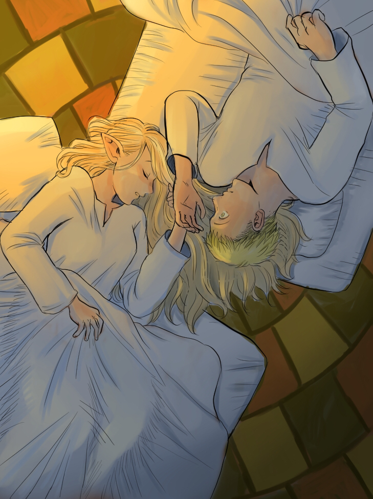 1boy 1girl blonde_hair breasts commentary_request dungeon_meshi elf fujio_chika futon hands_together laios_thorden long_hair lying marcille on_back pajamas pointy_ears sleeping small_breasts wide-eyed yellow_eyes
