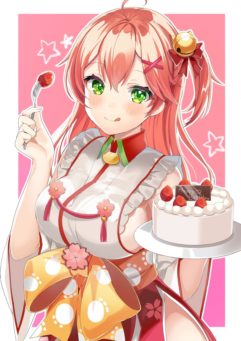 1girl ahoge bell birthday breasts cake cherry_blossom_print floral_print food fork fruit green_eyes hair_bell hair_ornament hairclip holding holding_fork holding_plate hololive long_hair looking_at_viewer motsunuki one_side_up paw_print_pattern pink_background pink_hair plate sakura_miko sideboob solo star star_print strawberry virtual_youtuber