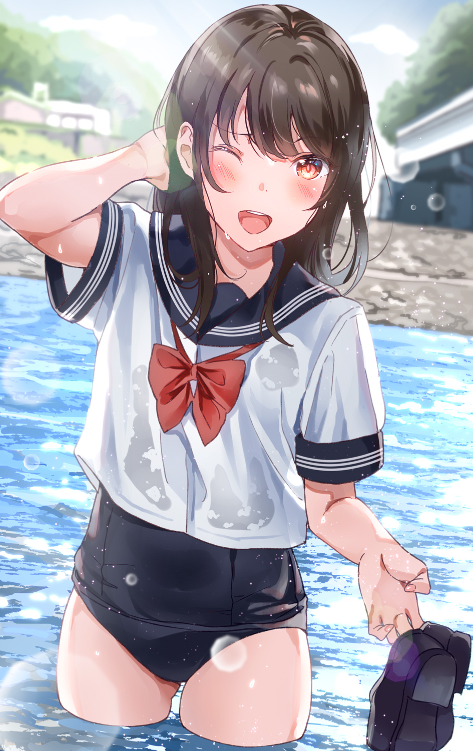 1girl ;d bangs black_footwear black_hair black_swimsuit blurry blurry_background bow bowtie commentary_request day hand_behind_head highres holding holding_shoes lens_flare long_hair looking_at_viewer no_pants one_eye_closed open_mouth original outdoors red_eyes red_neckwear school_swimsuit school_uniform serafuku shoes shoes_removed short_sleeves smile solo swimsuit tipii wading water wet