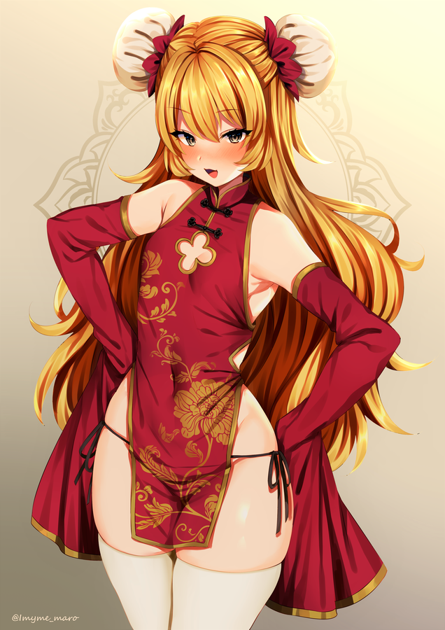 1girl bangs beryl_benito blonde_hair blush breasts china_dress chinese_clothes commentary_request detached_sleeves double_bun dress gradient gradient_background long_hair looking_at_viewer lowleg lowleg_panties marota open_mouth panties red_dress side-tie_panties sleeves_past_fingers sleeves_past_wrists small_breasts smile solo string_panties tales_of_(series) tales_of_hearts thigh-highs underwear white_legwear yellow_background yellow_eyes