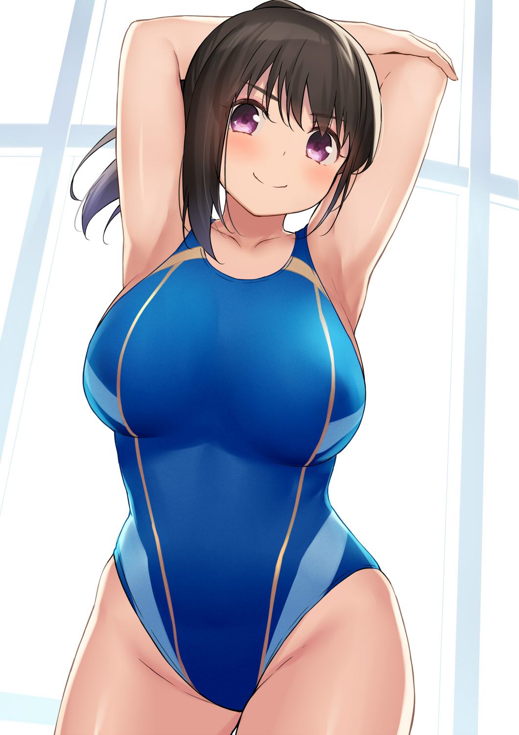 1girl armpits arms_up bare_shoulders black_hair blue_swimsuit breasts cccpo collarbone commentary_request competition_swimsuit cowboy_shot groin highres large_breasts long_hair looking_at_viewer one-piece_swimsuit original ponytail smile solo standing swimsuit thighs violet_eyes
