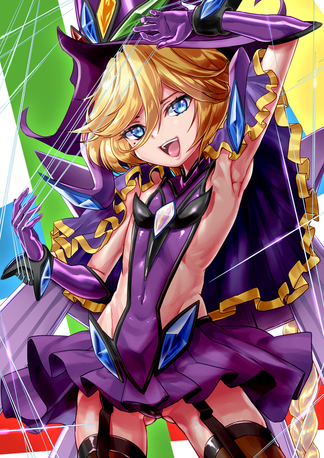 1000 1girl armpits ass ass_visible_through_thighs blonde_hair blush braid breasts carol_malus_dienheim covered_navel garter_straps highres long_hair looking_at_viewer mole mole_under_eye open_mouth senki_zesshou_symphogear shiny shiny_hair shiny_skin side_cutout sideless_outfit skirt small_breasts smile solo standing thigh-highs