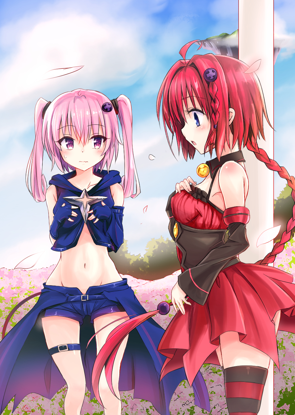 2girls ahoge belt black_gloves black_shirt black_shorts black_sleeves braid breasts clouds cosplay costume_switch crop_top detached_collar detached_sleeves dress fingerless_gloves flower gloves groin hair_ornament hairclip hand_on_own_chest highres kurosaki_mea long_hair midriff multiple_girls nana_asta_deviluke navel open_mouth outdoors pink_eyes pink_hair ponytail red_dress redhead shirt short_dress short_shorts shorts sky sleeveless sleeveless_shirt small_breasts striped striped_legwear tail thigh-highs thigh_strap thighs to_love-ru to_love-ru_darkness twintails very_long_hair waist_cape yggdra0714 zettai_ryouiki