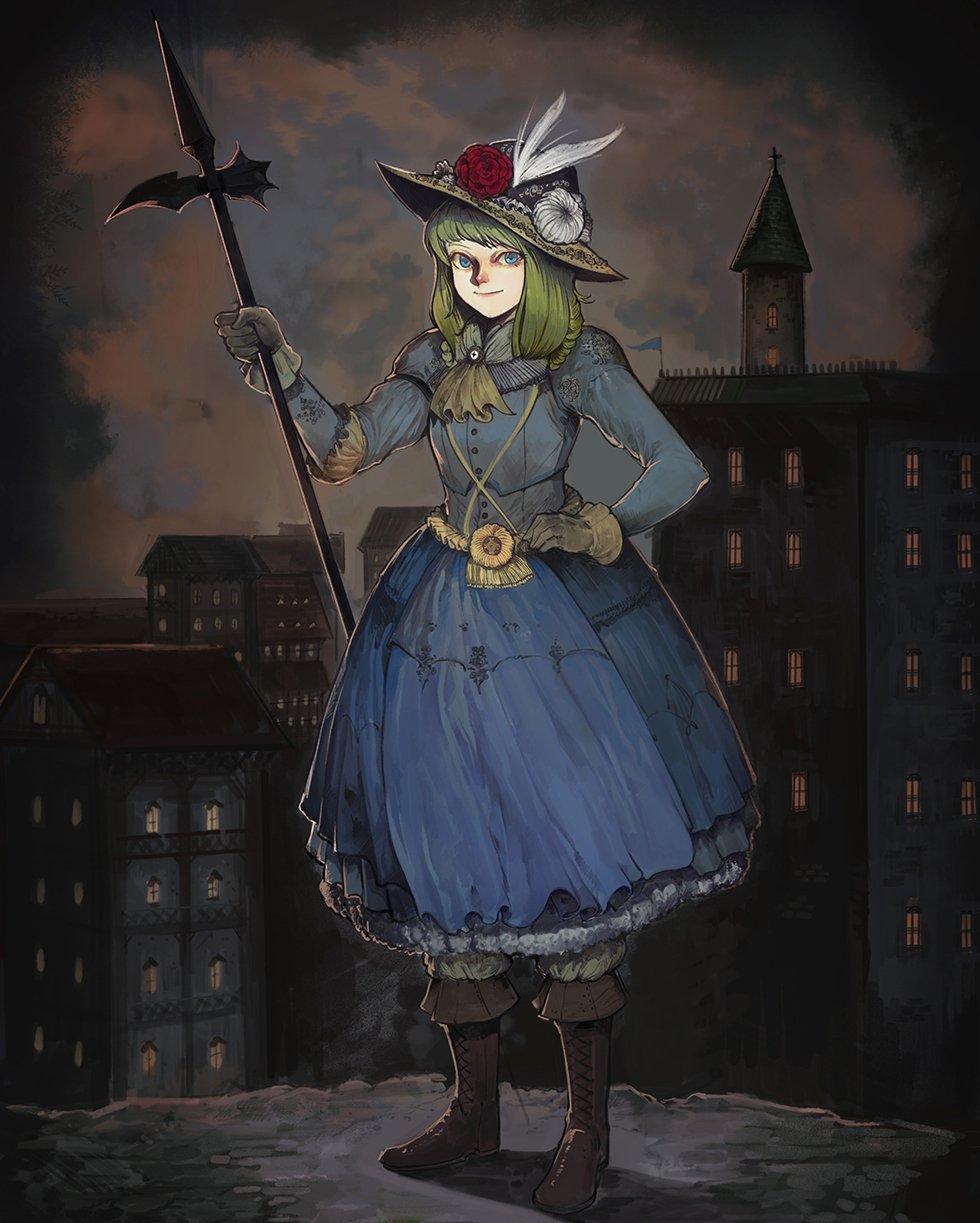 1girl bangs blue_eyes blue_jacket boots brooch brown_footwear buttons cityscape clouds cloudy_sky cravat cross-laced_footwear dusk embroidery flag flower frills gloves green_hair halberd hand_on_hip hat hat_feather hat_flower highres holding holding_weapon hoop_skirt jacket jewelry knee_boots lace-up_boots long_hair long_sleeves looking_at_viewer original outdoors panda8581 petticoat pleated_skirt polearm poleaxe skirt sky smile solo weapon window