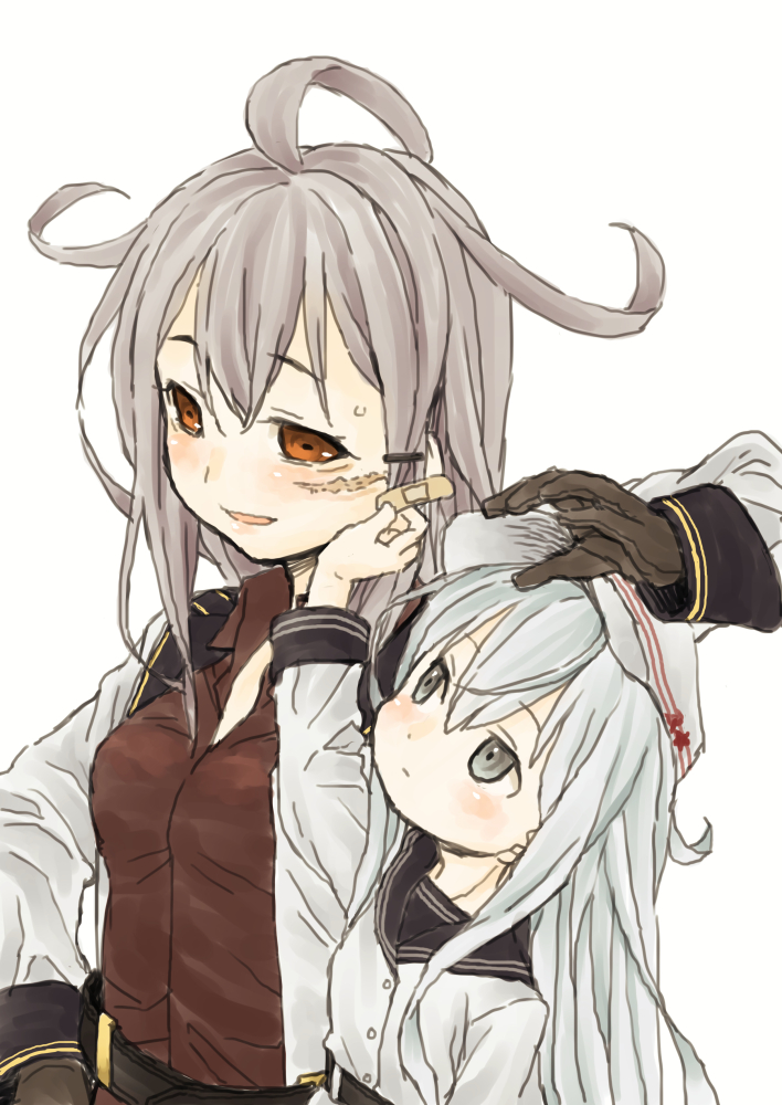 2girls bandaid bangs belt blue_eyes blush breasts brown_gloves closed_mouth eyebrows_visible_through_hair flat_cap gangut_(kantai_collection) gloves grey_hair hammer_and_sickle harukaze_unipo hat hibiki_(kantai_collection) kantai_collection long_hair multiple_girls open_mouth red_eyes red_shirt scar shirt silver_hair simple_background size_difference verniy_(kantai_collection) white_background