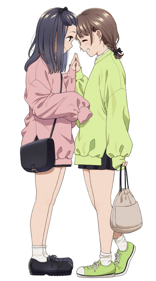 2girls bag black_bow black_footwear black_hair black_skirt blush bow braid brown_hair closed_eyes closed_mouth facing_another green_footwear green_sweater grin hair_bow hand_up hands_together holding holding_bag long_hair long_sleeves looking_at_another mattaku_mousuke multiple_girls original palms_together pink_sweater pleated_skirt profile puffy_long_sleeves puffy_sleeves shoes shoulder_bag simple_background skirt sleeves_past_fingers sleeves_past_wrists smile socks sweater white_background white_legwear