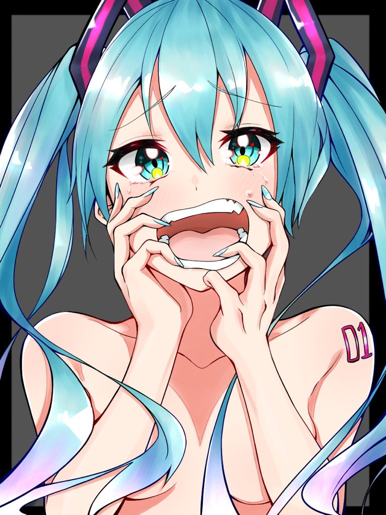 1girl aqua_eyes aqua_hair aqua_nails blush breasts commentary crying furrowed_eyebrows grey_background hair_ornament hand_on_own_cheek hatsune_miku koba_cha long_hair looking_at_viewer nail_polish nude open_mouth shoulder_tattoo small_breasts solo tattoo tears twintails upper_body vocaloid