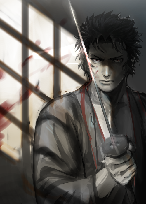 1boy blood closed_mouth collarbone fate/grand_order fate_(series) hijikata_toshizou_(fate/grand_order) holding holding_sword holding_weapon japanese_clothes katana kimono kusarebon long_sleeves looking_at_viewer male_focus monochrome short_hair solo spiky_hair spot_color standing sword weapon