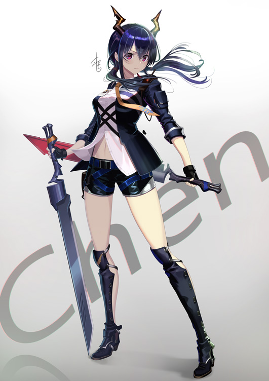 1girl arknights bangs black_gloves black_shorts blue_hair blue_jacket boots breasts ch'en_(arknights) character_name closed_mouth commentary_request dragon_girl dragon_horns dragon_tail fingerless_gloves full_body gloves gradient gradient_background grey_background hair_between_eyes high_heel_boots high_heels holding holding_sword holding_weapon horns jacket long_hair long_sleeves low_twintails medium_breasts multiple_swords navel necktie neckwear partial_commentary red_eyes shin_guards shirt short_shorts shorts sleeves_rolled_up standing sword sword_behind_back tail thighs twintails unbuttoned weapon white_shirt yamahara yellow_neckwear