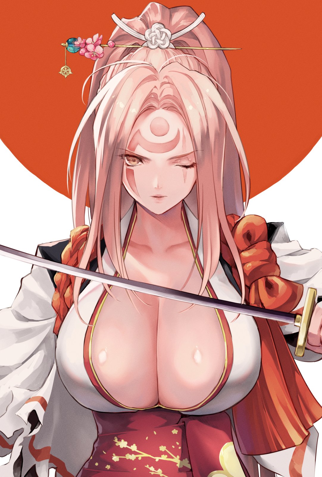 1girl alternate_costume amputee baiken bangs big_hair breasts commentary_request facial_tattoo guilty_gear guilty_gear_xrd hair_ornament hair_tie highres holding holding_sword holding_weapon huge_breasts jako_(toyprn) japanese_clothes kanzashi kataginu katana kimono multicolored multicolored_clothes multicolored_kimono obi one-eyed open_clothes open_kimono parted_bangs pink_hair ponytail sash scar scar_across_eye sidelocks sword tattoo upper_body weapon white_kimono