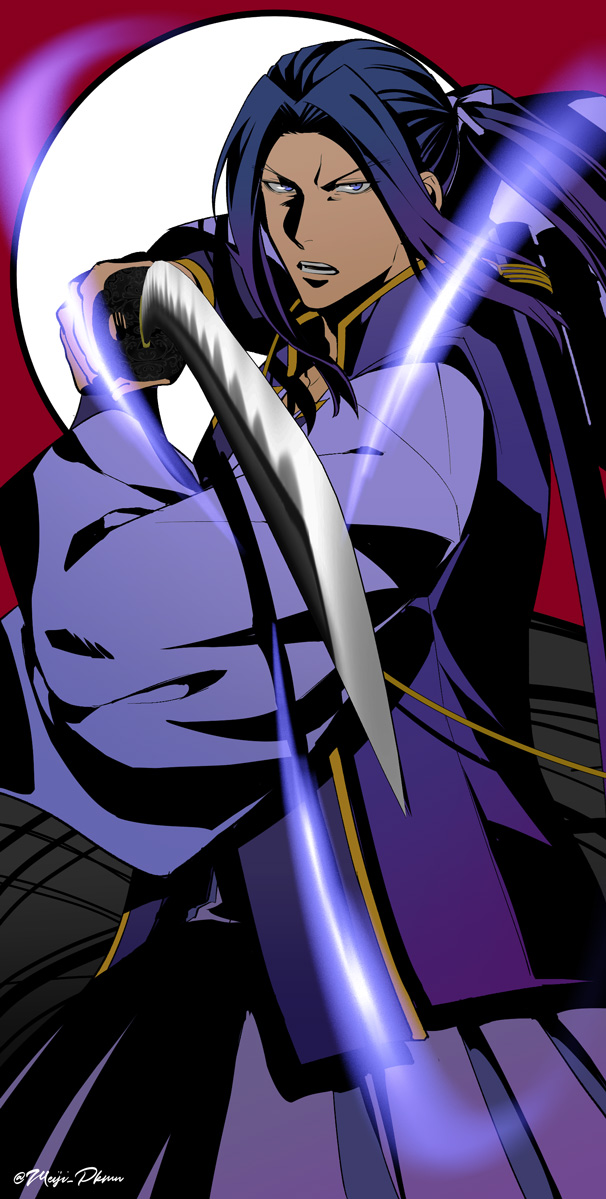 1boy assassin_(fate/stay_night) blue_eyes blue_hair collar fate/grand_order fate_(series) fighting_stance hair_ribbon holding holding_sword holding_weapon katana long_hair long_sleeves looking_at_viewer male_focus meiji_ken open_mouth ponytail ribbon sidelocks solo standing straight_hair sword teeth weapon
