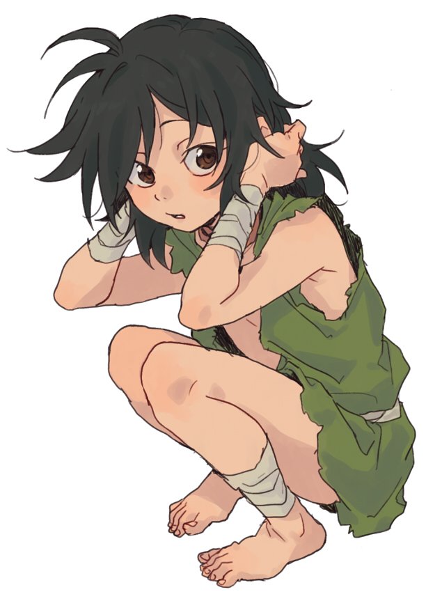 1girl ahoge armpit_crease bandaged_arm bandaged_leg bandages black_hair blush brown_eyes dororo_(tezuka) edmhhhnh hyakkimaru_(dororo) light_blush long_hair parted_lips simple_background solo squatting toenails torn_clothes white_background