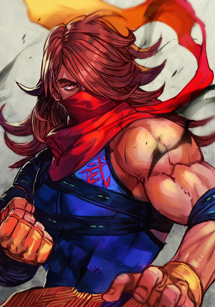 1boy armband belt brown_eyes brown_hair clenched_hand covered_mouth hankuri male_focus muscle ninja scarf solo spiky_hair street_fighter street_fighter_v strider_(video_game) strider_hiryuu weapon