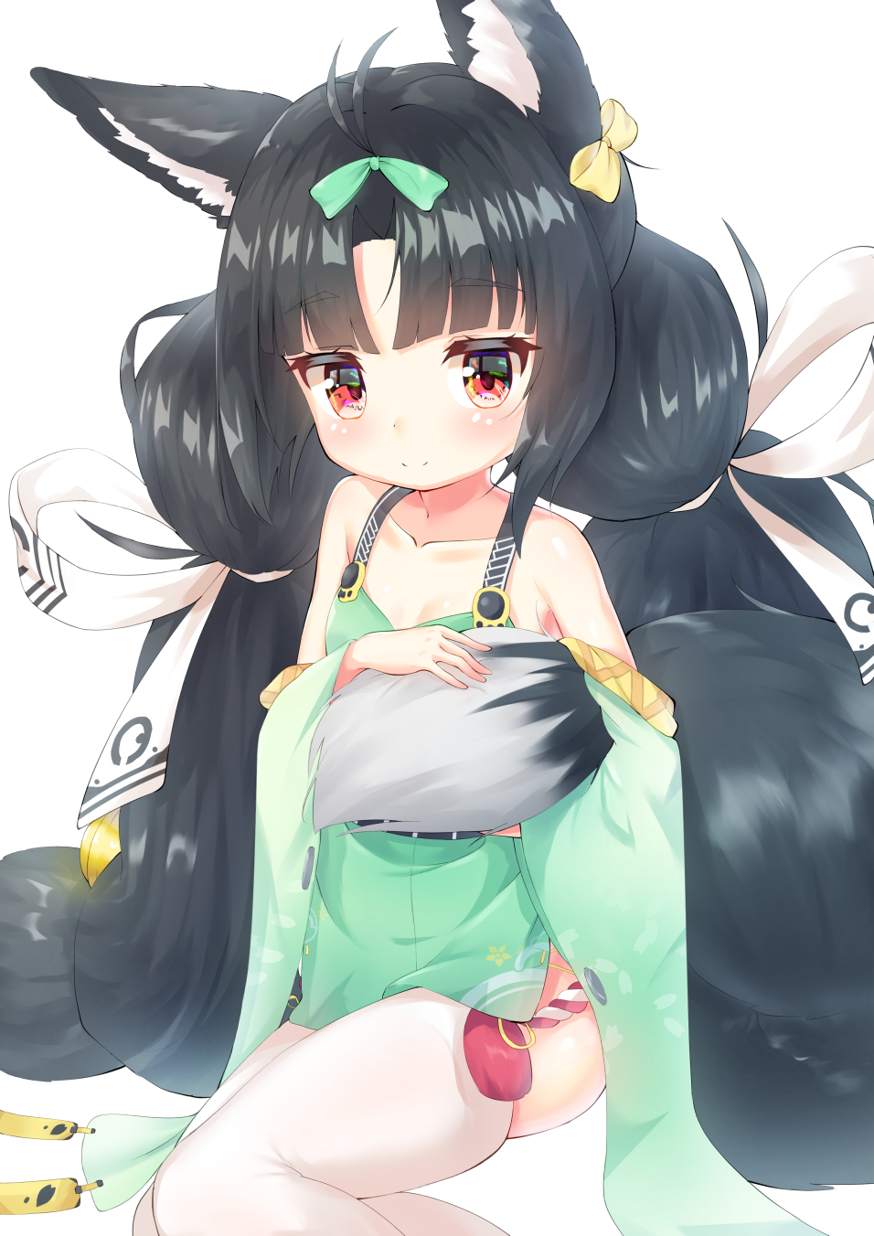 1girl animal_ears azur_lane bare_shoulders black_hair blush breasts eyebrows_visible_through_hair fox_ears hair_ornament highres holding_tail japanese_clothes long_hair looking_at_viewer low_twintails red_eyes smile solo tail thigh-highs twintails waftil white_legwear yuubari_(azur_lane)