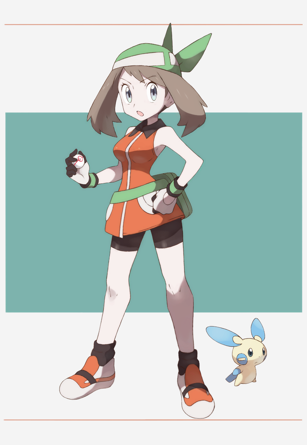 1girl bandana bike_shorts blue_eyes breasts brown_hair gloves graphite_(medium) haruka_(pokemon) highres holding long_hair looking_at_viewer minun nomura_(buroriidesu) open_mouth poke_ball pokemon pokemon_(creature) pokemon_(game) pokemon_rse shorts sleeveless solo traditional_media