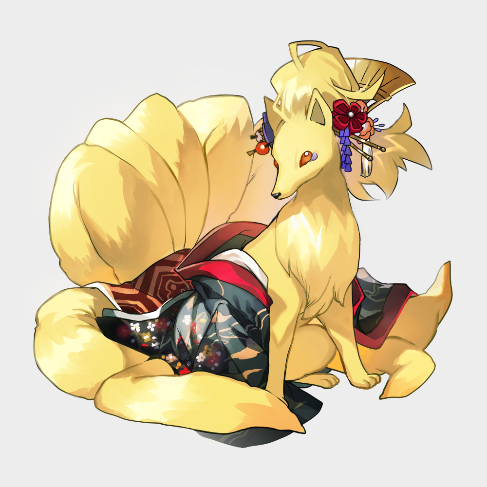 black_kimono blonde_hair clothed_pokemon floral_print flower full_body gen_1_pokemon grey_background hair_flower hair_ornament hair_stick japanese_clothes kimono newo_(shinra-p) ninetales no_humans orange_eyes orange_flower pokemon pokemon_(creature) shiny shiny_hair simple_background sitting solo tied_hair