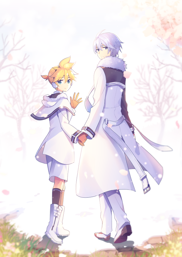 2boys belt black_legwear blonde_hair blue_eyes blue_hair boots capelet coat commentary diamond_dust_(module) earmuffs falling_petals from_behind fur-trimmed_capelet fur-trimmed_coat fur_trim gloves holding_hands ice_fog_(module) kagamine_len kaito kneehighs looking_at_viewer looking_back male_focus multiple_boys outdoors pants project_diva_(series) short_ponytail shorts snow spiky_hair tree vocaloid waving white_capelet white_coat white_footwear white_pants white_shorts