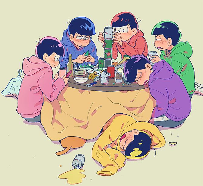 6+boys :3 alcohol bag balancing beer beer_bottle beer_can beige_background blue_hoodie blush bottle brothers can can_opener cellphone closed_eyes closed_mouth cup drink drinking_glass esper_nyanko food from_behind green_hoodie half-closed_eyes hand_up hands_up holding holding_can holding_cellphone holding_phone hood hood_down hoodie kotatsu looking_at_another looking_down lying male_focus matsuno_choromatsu matsuno_ichimatsu matsuno_juushimatsu matsuno_karamatsu matsuno_osomatsu matsuno_todomatsu multiple_boys o3o on_side open_mouth osomatsu-kun osomatsu-san parted_lips phone pink_hoodie plastic_bag profile puckered_lips purple_hoodie red_hoodie sextuplets siblings simple_background sitting sleeping sleeping_upright smartphone smile spilling stacking table torutsu triangle_mouth under_kotatsu under_table v-shaped_eyebrows yellow_hoodie
