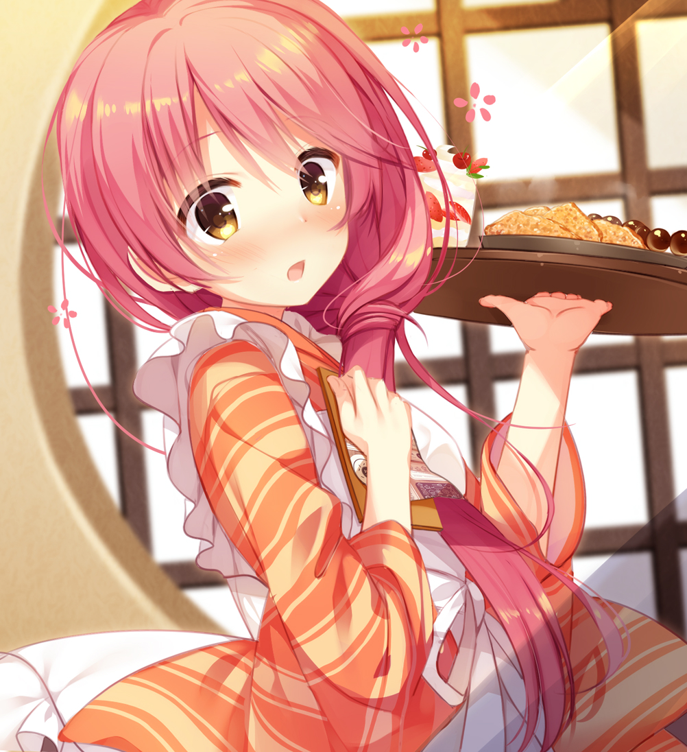 1girl apron bangs blurry blurry_background blush brown_eyes brown_kimono cariboy commentary_request depth_of_field eyebrows_visible_through_hair food frilled_apron frills hair_between_eyes hair_over_shoulder hands_up holding holding_tray japanese_clothes kimono kurama_koharu long_hair long_sleeves open_mouth pink_hair plate round_window senren_banka solo tray very_long_hair wa_maid white_apron wide_sleeves window