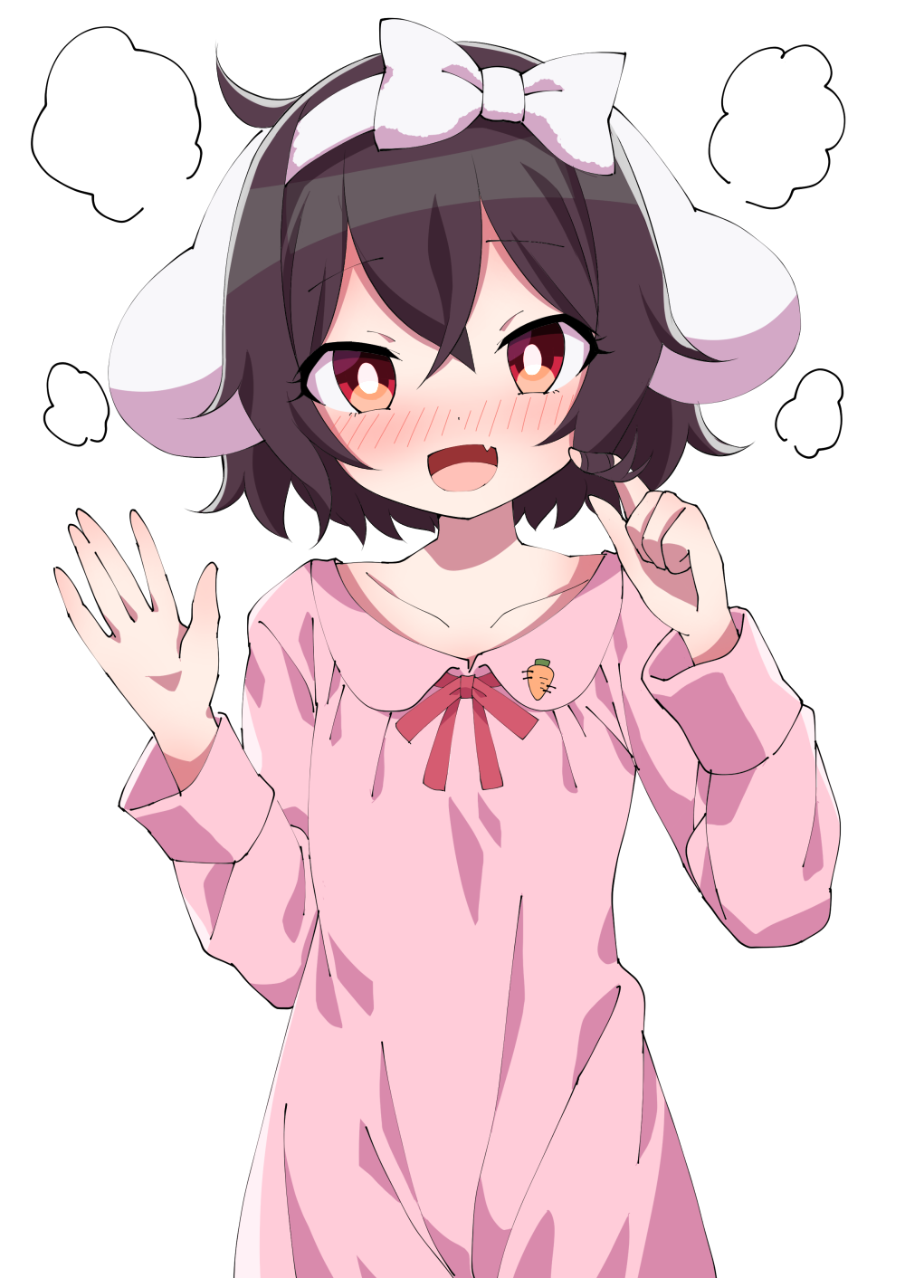 1girl animal_ears black_hair blush bow bright_pupils carrot_print commentary_request fang food_print hair_between_eyes hair_bow hair_twirling hairband head_tilt highres inaba_tewi long_sleeves looking_at_viewer nightgown nose_blush open_mouth rabbit_ears red_eyes short_hair simple_background skin_fang smile solo touhou tsukimirin white_background white_bow white_hairband