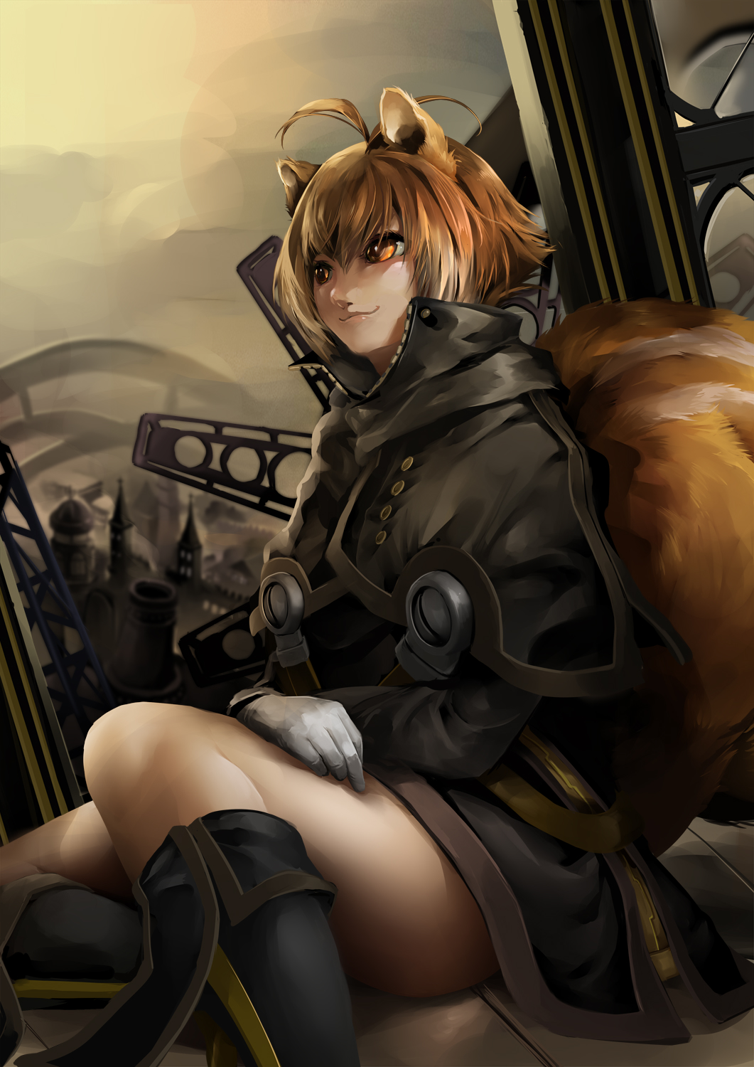 1girl animal_ears antenna_hair black_coat black_footwear blazblue boots brown_hair chabo_tatumi coat commentary_request highres knee_boots makoto_nanaya nose orange_eyes overcoat sitting smile solo squirrel_ears squirrel_girl squirrel_tail tail