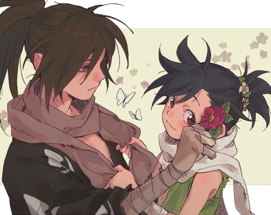 1boy 1girl animal bandaged_arm bandages black_hair black_kimono blush brown_eyes brown_hair brown_scarf bug butterfly closed_mouth dororo_(character) dororo_(tezuka) edmhhhnh fingernails flower green_flower hair_flower hair_ornament hyakkimaru_(dororo) insect japanese_clothes kimono long_hair medium_hair ponytail red_eyes red_flower scarf smile torn_clothes upper_body white_butterfly white_flower white_scarf