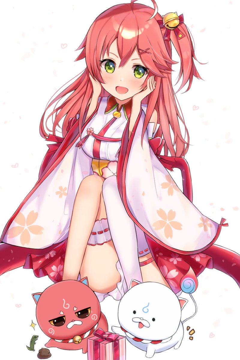 1girl 35p_(miko_channel) ahoge bell blush breasts cat cherry_blossoms dinosaur gift green_eyes hair_bell hair_ornament hairclip hands_on_own_cheeks hands_on_own_face heart highres hololive kintoki_(miko_channel) leg_garter long_hair looking_at_viewer mi_taro333 open_mouth pink_cat pink_hair sakura_miko virtual_youtuber white_background white_cat wide_sleeves