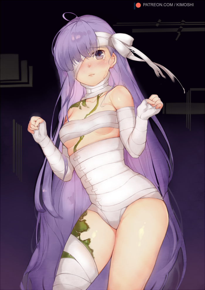 1girl bandage_over_one_eye bandaged_arm bandaged_head bandaged_leg bandages blush breasts closed_mouth deru06 fate/extra fate/extra_ccc fate/extra_ccc_fox_tail fate/grand_order fate_(series) kingprotea long_hair looking_at_viewer moss purple_hair solo very_long_hair violet_eyes