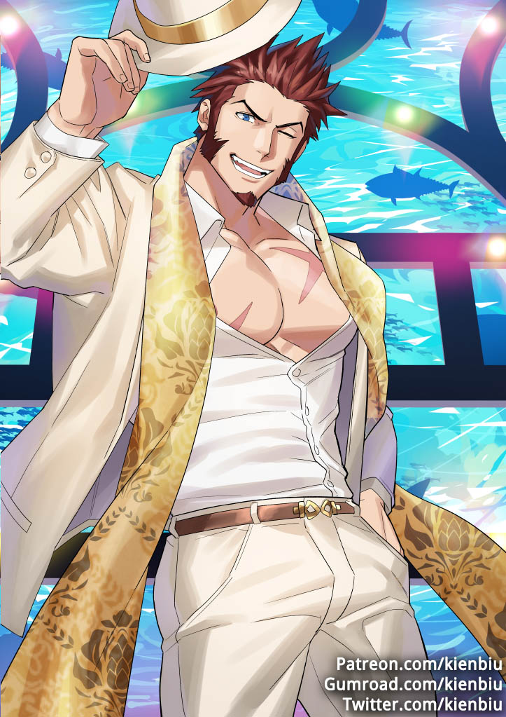 1boy abs alternate_costume bara beard belt blue_eyes brown_hair chest facial_hair fate/grand_order fate_(series) hand_in_pocket hat kienbiu long_sleeves looking_at_viewer male_focus muscle napoleon_bonaparte_(fate/grand_order) one_eye_closed open_clothes pants pectorals scar scarf smile solo