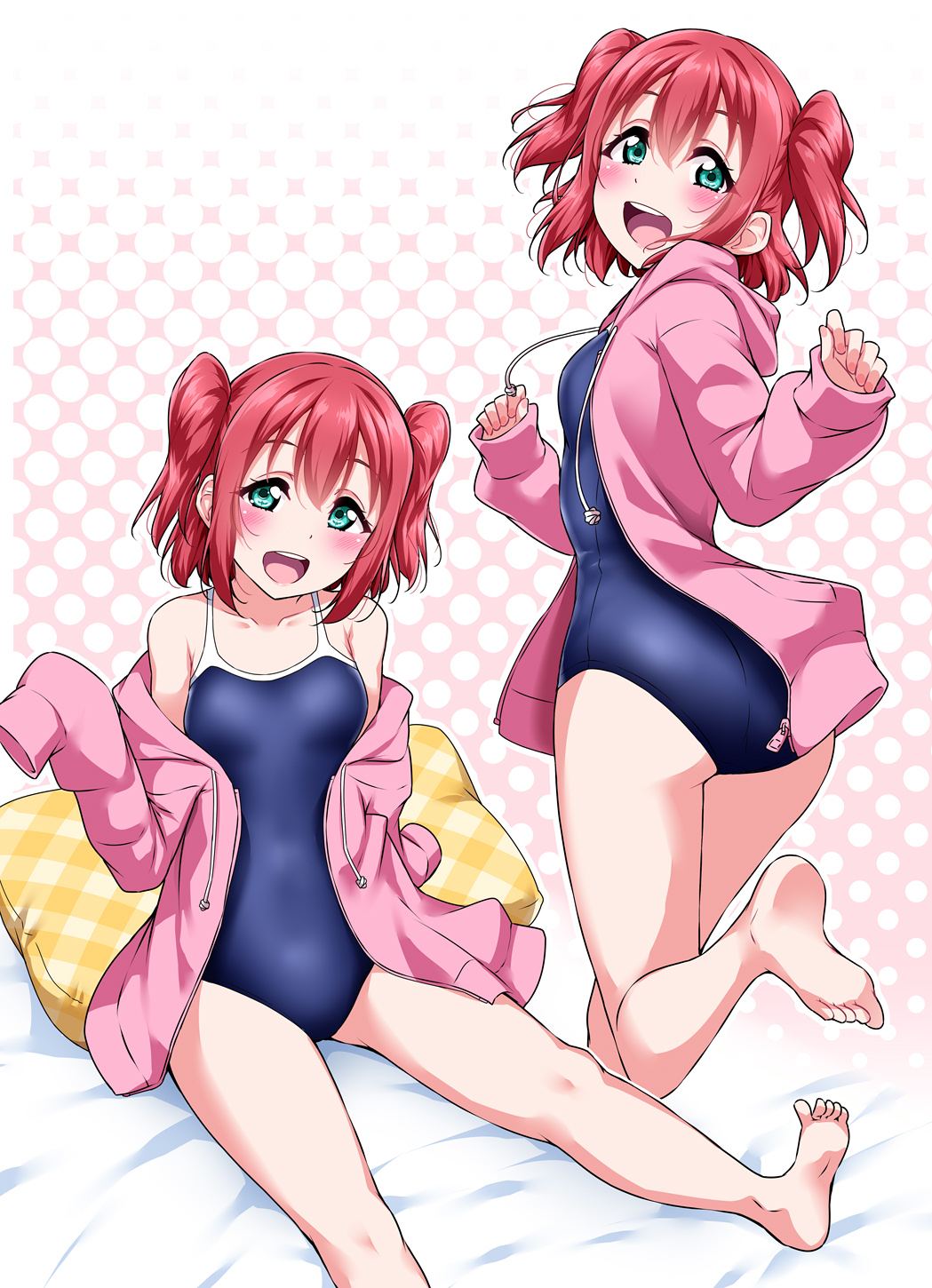 1girl :d aqua_eyes bangs barefoot bed blue_swimsuit blush clenched_hands commentary_request competition_school_swimsuit drawstring halftone halftone_background highres jacket kurosawa_ruby looking_at_viewer looking_back love_live! love_live!_sunshine!! medium_hair multiple_views open_mouth outline pillow pink_background pink_jacket school_uniform sitting sleeves_past_wrists smile standing standing_on_one_leg swimsuit two_side_up white_outline yopparai_oni