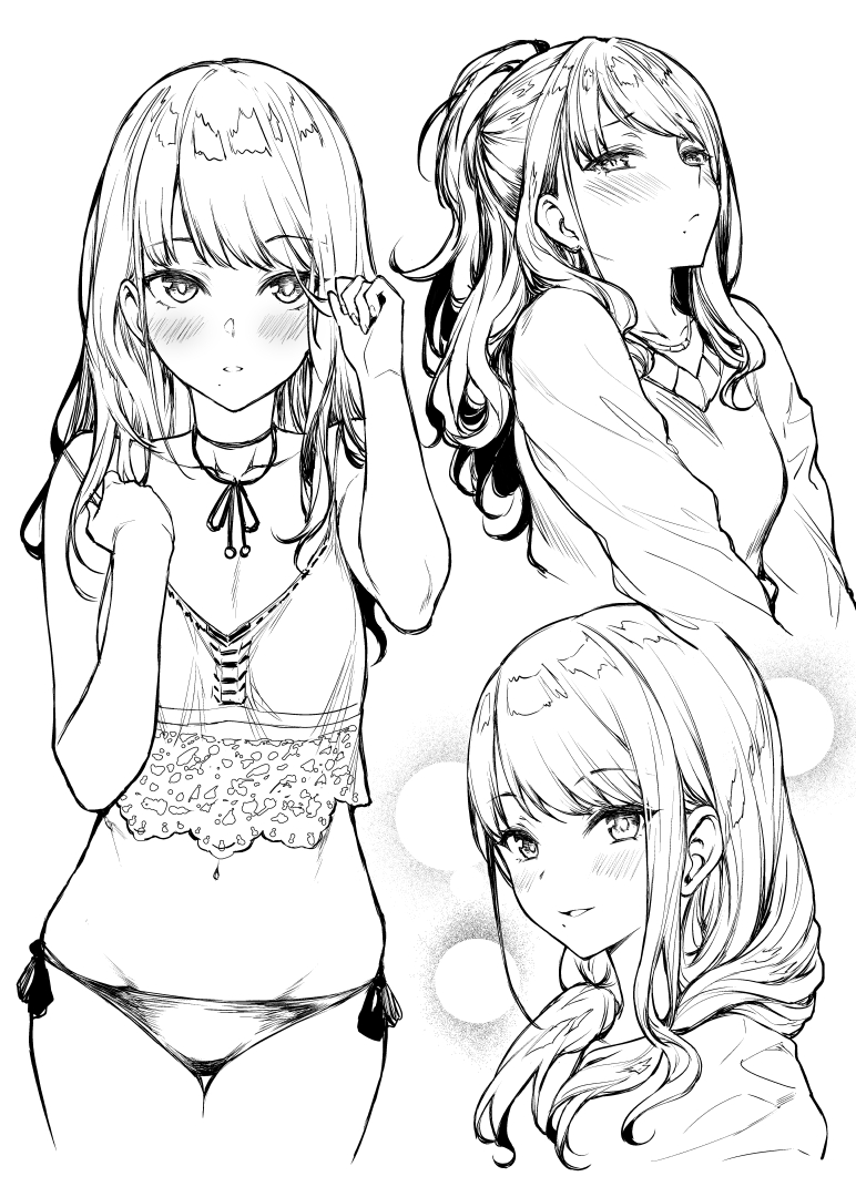 1girl adjusting_hair alternate_hairstyle bikini bikini_bottom blush camisole collarbone cowboy_shot hair_down half-closed_eyes idolmaster idolmaster_shiny_colors jewelry kazano_hiori lineart looking_at_viewer low_twintails mole mole_under_mouth monochrome multiple_views mushi024 navel neck_ribbon necklace parted_lips ponytail portrait ribbon side-tie_bikini sweater swimsuit twintails upper_body