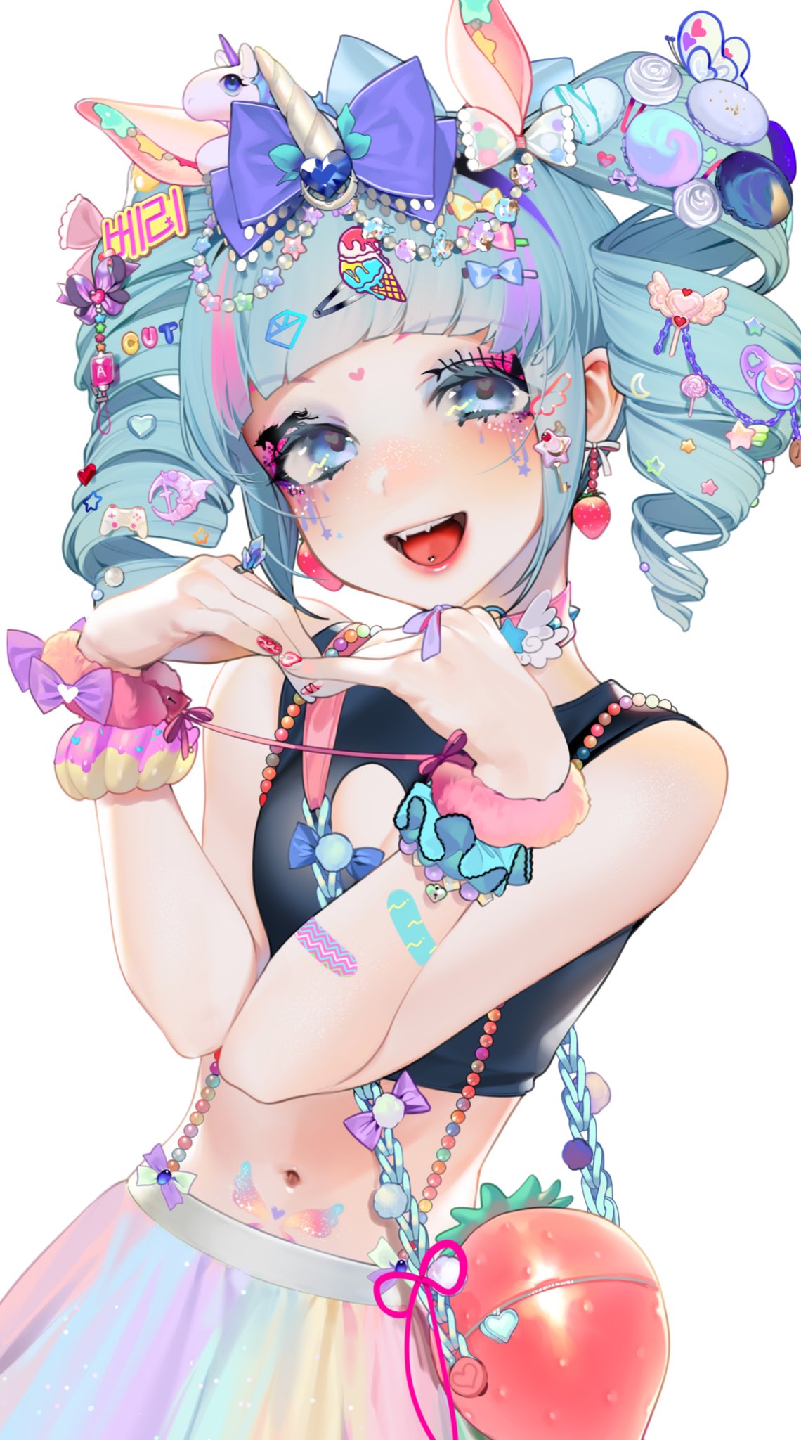 1girl :d animal_ears bare_shoulders beads black_shirt blue_eyes blue_hair contrapposto crop_top drill_hair earrings eyelashes eyeshadow fangs glitch hair_ornament hairclip hands_up head_tilt heart heart_arms highres horn jewelry long_hair looking_at_viewer makeup midriff multicolored_hair nail_art nail_polish navel ohisashiburi open_mouth piercing pink_hair purple_hair red_nails shining_star shirt simple_background sleeveless sleeveless_shirt smile solo standing stomach tongue_piercing twin_drills twintails unicorn upper_body white_background