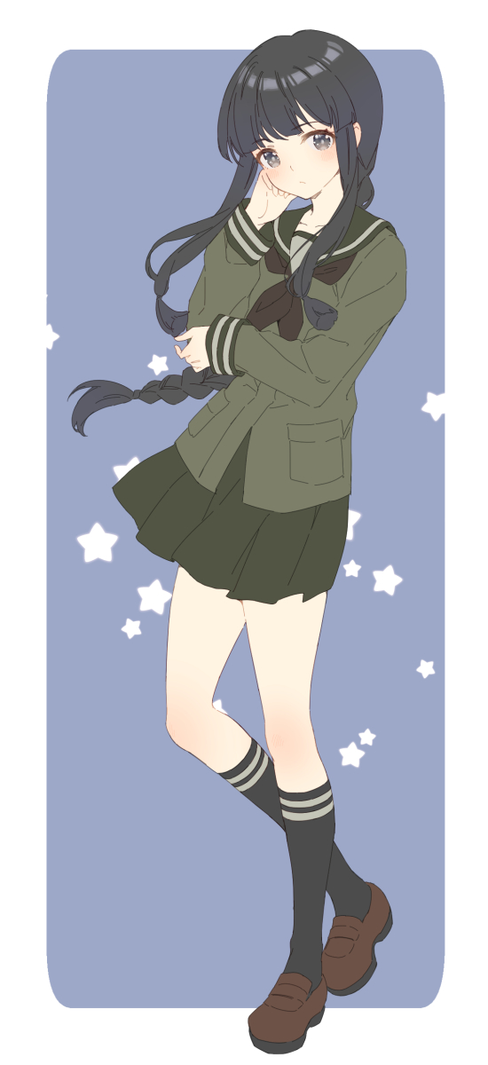 1girl black_eyes black_hair black_legwear black_sailor_collar blush braid brown_footwear collarbone eyebrows_visible_through_hair full_body green_neckwear green_serafuku green_skirt highres kantai_collection kitakami_(kantai_collection) kneehighs long_hair long_sleeves neckerchief pleated_skirt sailor_collar school_uniform serafuku shiosoda shoes sidelocks single_braid skirt solo