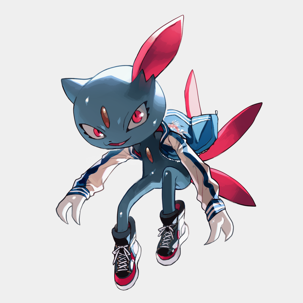 :3 animal_ears blue_jacket bottomless claws clothed_pokemon forehead_jewel full_body furry gen_2_pokemon grey_background happy jacket long_sleeves looking_at_viewer multicolored_footwear multiple_tails newo_(shinra-p) no_humans open_clothes open_jacket open_mouth pokemon pokemon_(creature) red_eyes shiny shiny_skin shoes simple_background smile sneasel solo tail zipper zipper_pull_tab